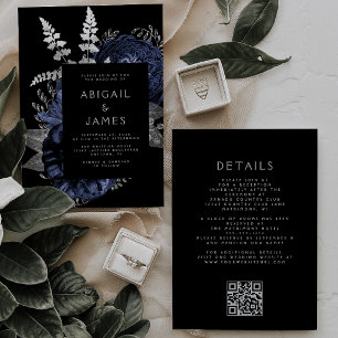 Convite Casamento Código QR Floral Escuro Azul Naval Prata