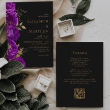 Casamento Código QR Floral Escuro Dourado Romântic