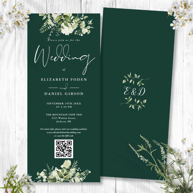 Convite Casamento Código QR Floral Esmeralda Vegetação (Greenery Floral Emerald QR Code Wedding Invitation)
