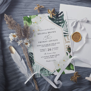 Convite casamento código qr floral folhas de palmeira trop