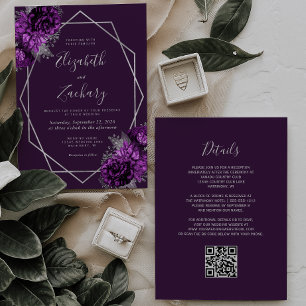 Convite Casamento Código QR Floral Geométrico Prata Roxo