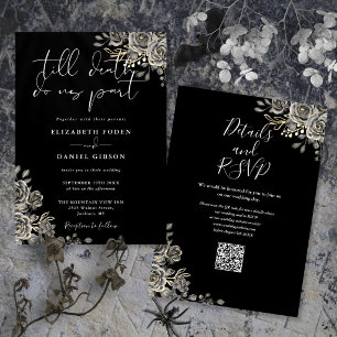 Convite Casamento Código QR Floral Gótico Preto e Branco