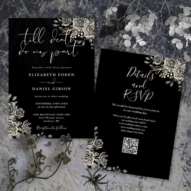 Convite Casamento Código QR Floral Gótico Preto e Branco (Black And White Gothic Floral QR Code Wedding Invitation)
