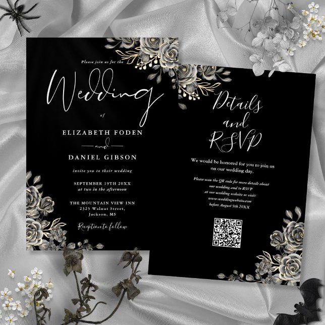 Convite Casamento Código QR Floral Gótico Preto e Branco (Black And White Gothic Floral QR Code Wedding Invitation)