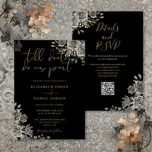 Convite Casamento Código QR Floral Gótico Preto e Dourado