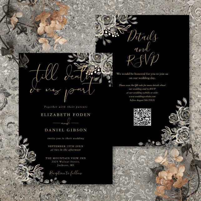 Convite Casamento Código QR Floral Gótico Preto e Dourado (Black And Gold Gothic Floral QR Code Wedding Invitation)