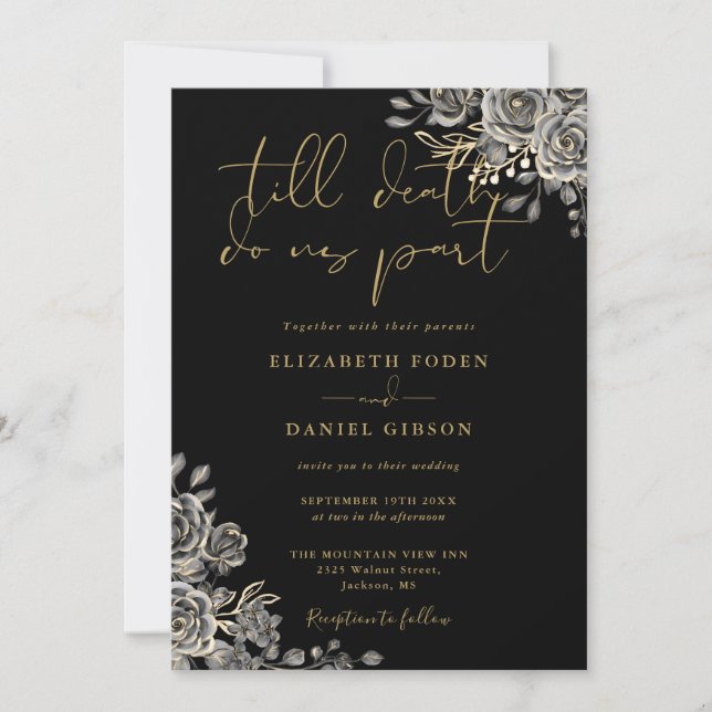 Convite Casamento Código QR Floral Gótico Preto e Dourado (Frente)