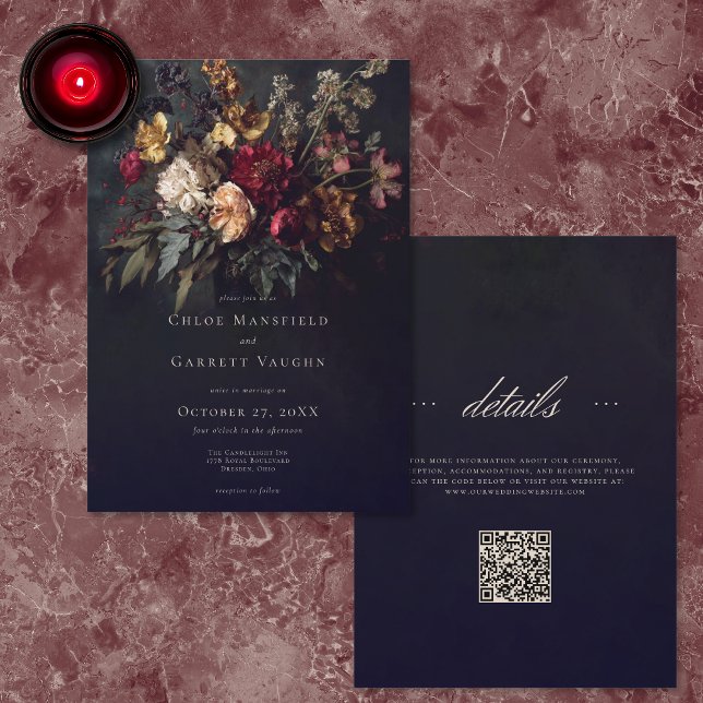 Convite Casamento Código QR Floral Gótico Sombrio Romântic (Criador carregado)