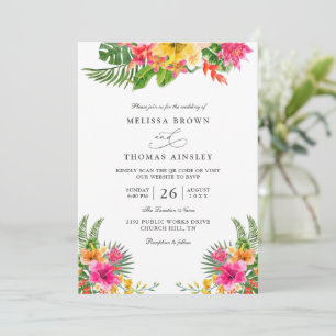 Convite Casamento Código QR Floral Hibisco Tropical Elegan