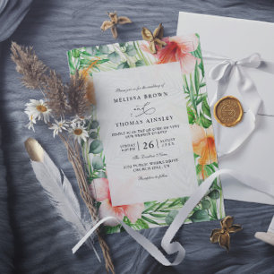 Convite Casamento Código QR Floral Hibisco Tropical Paraís
