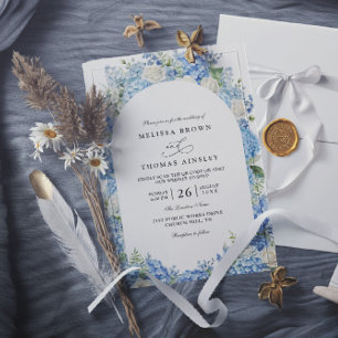 Convite Casamento Código QR Floral Hortênsia Azul Rosas Br