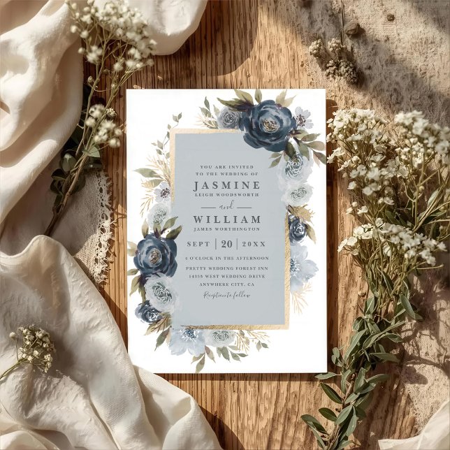 Convite Casamento Código QR Floral Indigo Romântico Elegan (Criador carregado)