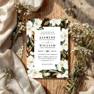 Convite Casamento Código QR Floral Magnólia Rústico Elegan
