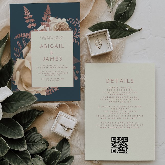 Convite Casamento Código QR Floral Marfim Dourado Rosa Tur (Criador carregado)
