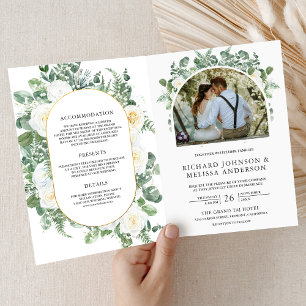 Convite Casamento Código QR Floral Marfim Folhagem Rústica