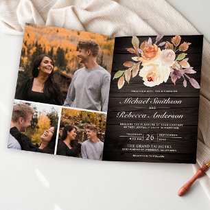 Convite Casamento Código QR Floral Marfim Terroso em Madei