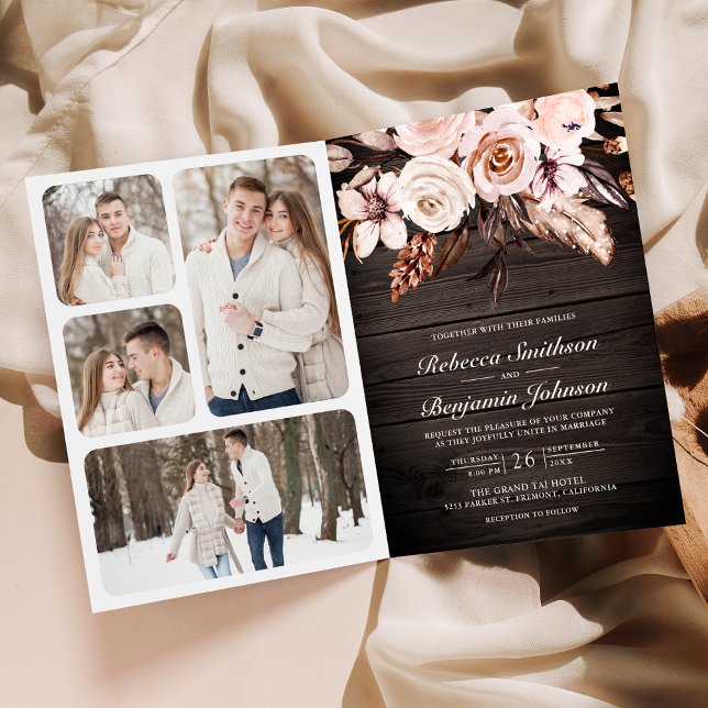 Convite Casamento Código QR Floral Marfim Terroso Madeira  (Criador carregado)