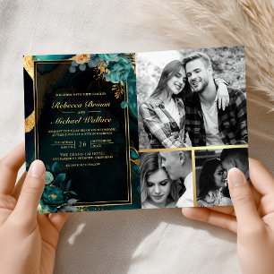 Convite Casamento Código QR Floral Mármore Dourado Teal Es