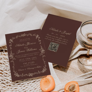 Convite Casamento Código QR Floral Marrom Chocolate Old Mo