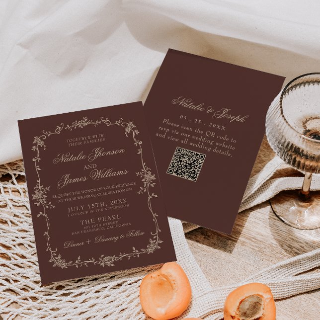 Convite Casamento Código QR Floral Marrom Chocolate Old Mo (Criador carregado)