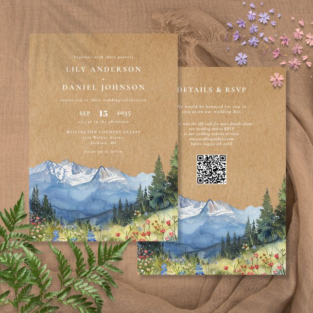 Convite Casamento Código QR Floral Montanha Aquarela Rústi (Rustic Watercolor Mountain Floral QR Code Wedding Invitation)