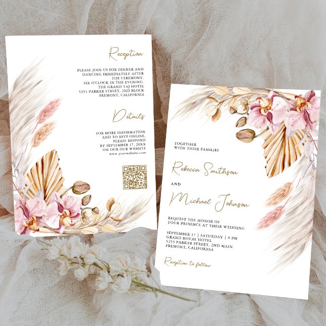 Convite Casamento Código QR Floral Orquídea Rosa Boho Pamp (Criador carregado)