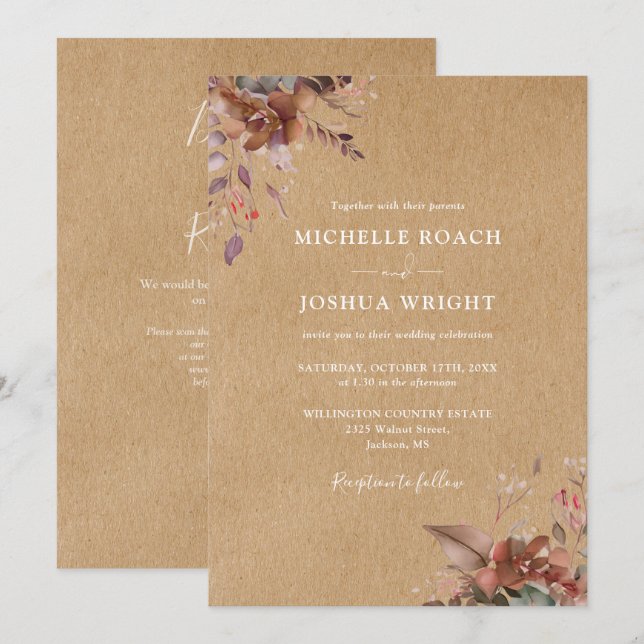 Convite Casamento Código QR Floral Outono Rústico (Frente/Verso)