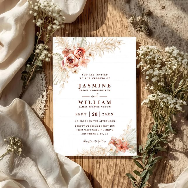 Convite Casamento Código QR Floral Pampas Boho Elegante Ch (Criador carregado)