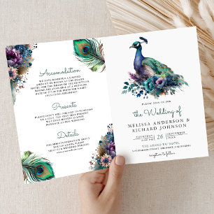 Convite Casamento Código QR Floral Pena Pavão Aquarela