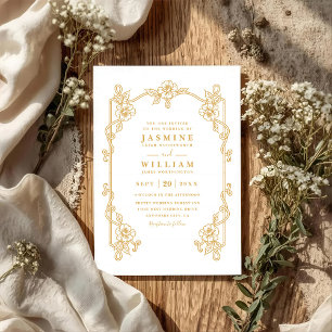 Convite Casamento Código QR Floral Peônia Moldura Vintage 