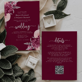 Convite Casamento Código QR Floral Prata Bege Borgonha