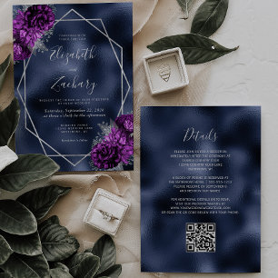 Convite Casamento Código QR Floral Prata Roxo em Folha de