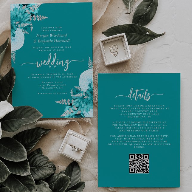 Convite Casamento Código QR Floral Prata Turquesa (Criador carregado)