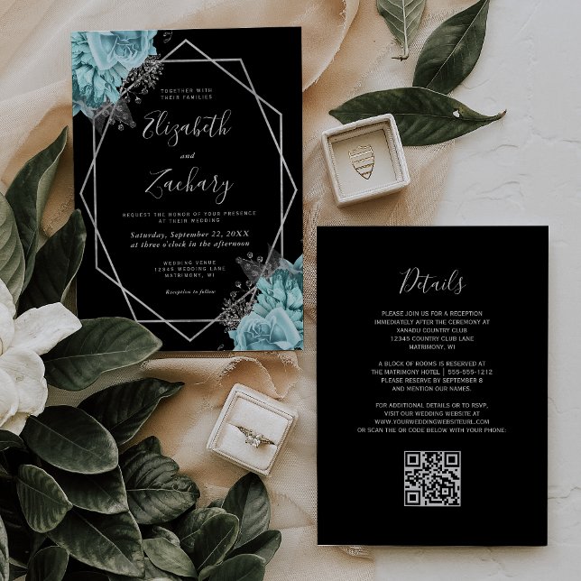 Convite Casamento Código QR Floral Preto Aqua Prata (Criador carregado)