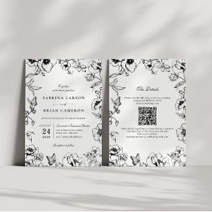 Convite Casamento Código QR Floral Preto e Branco Elegante