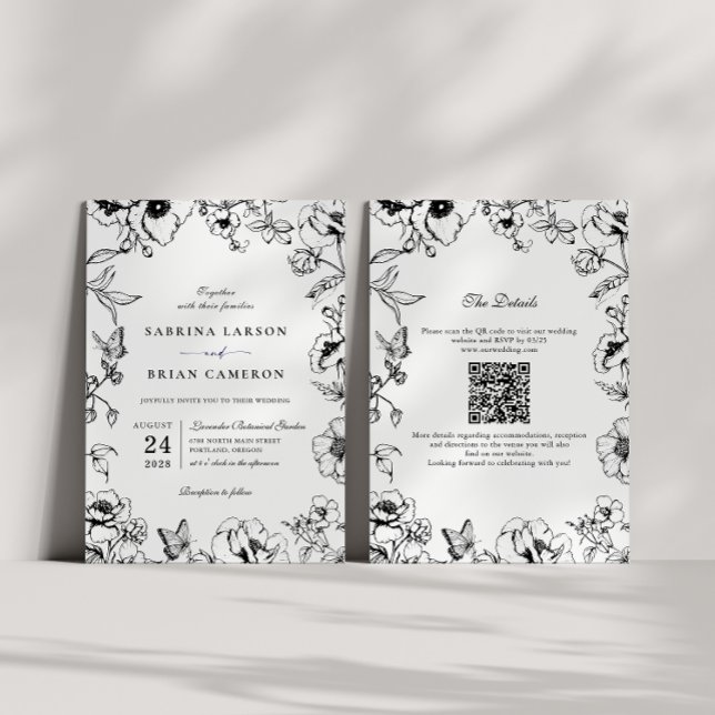 Convite Casamento Código QR Floral Preto e Branco Elegante (Criador carregado)
