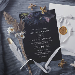 Convite Casamento Código QR Floral Preto Elegante Gótico S
