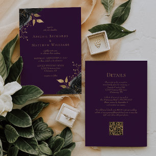 Convite Casamento Código QR Floral Preto Romântico Roxo
