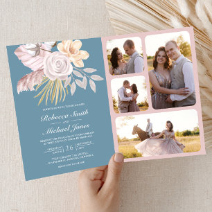 Convite Casamento Código QR Floral Rosa Azul Empoeirado Rú