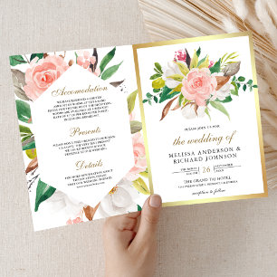 Convite Casamento Código QR Floral Rosa Bege Rústico Doura