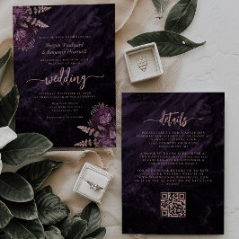 Convite Casamento Código QR Floral Rosa Dourado Roxo Elega
