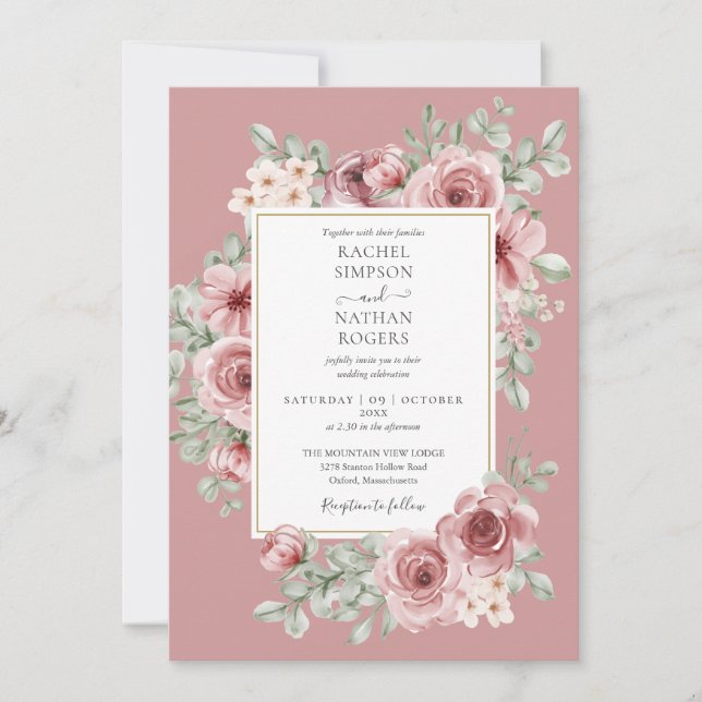 Convite Casamento Código QR Floral Rosa Empoeirada (Frente)