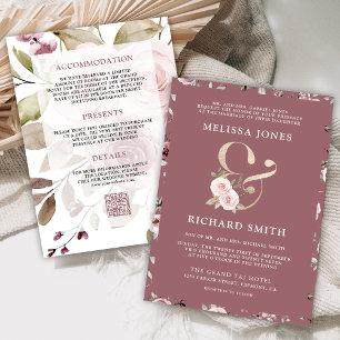 Convite Casamento Código QR Floral Rosa Empoeirado Desbota