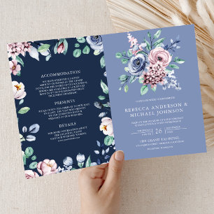 Convite Casamento Código QR Floral Rosa Periwinkle em Azul