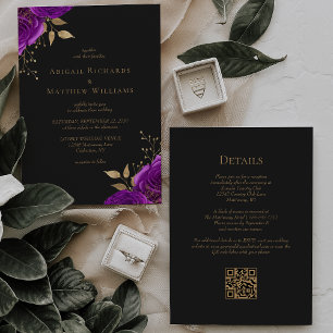 Convite Casamento Código QR Floral Roxo Dourado Romântico