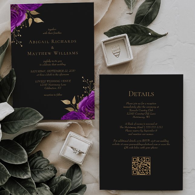 Convite Casamento Código QR Floral Roxo Dourado Romântico (Criador carregado)