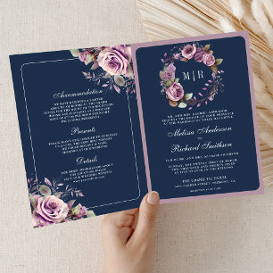 Convite Casamento Código QR Floral Roxo Empoeirado Azul Na