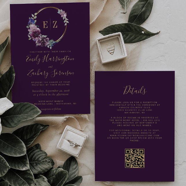 Convite Casamento Código QR Floral Roxo Monograma Coroa (Criador carregado)