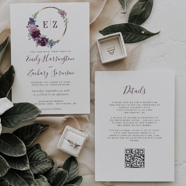 Convite Casamento Código QR Floral Roxo Monograma Coroa (Criador carregado)