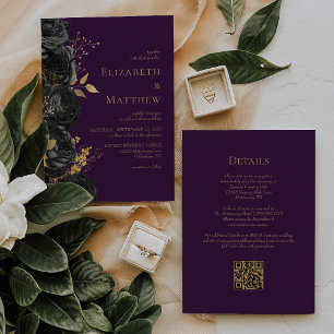 Convite Casamento Código QR Floral Roxo Ouro Preto Românti